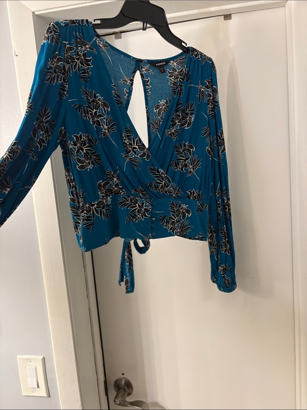 Express Teal Floral Wrap Blouse - Picture 3 of 5